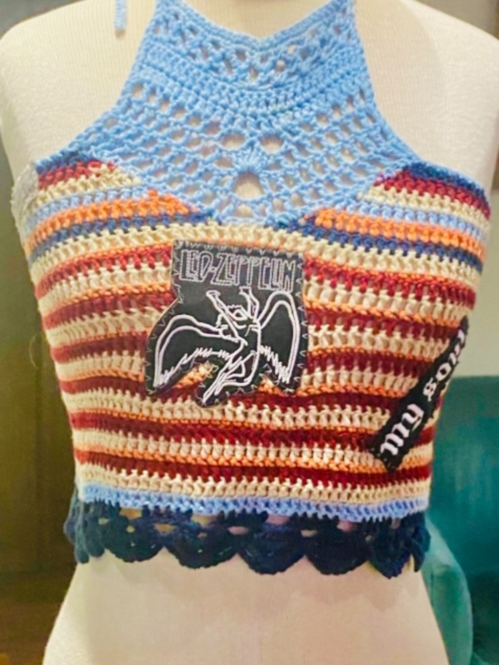 Crochet Halter Top, Lace Back VTG LED Zeppelin ROCK 70s PATCH Sexy.